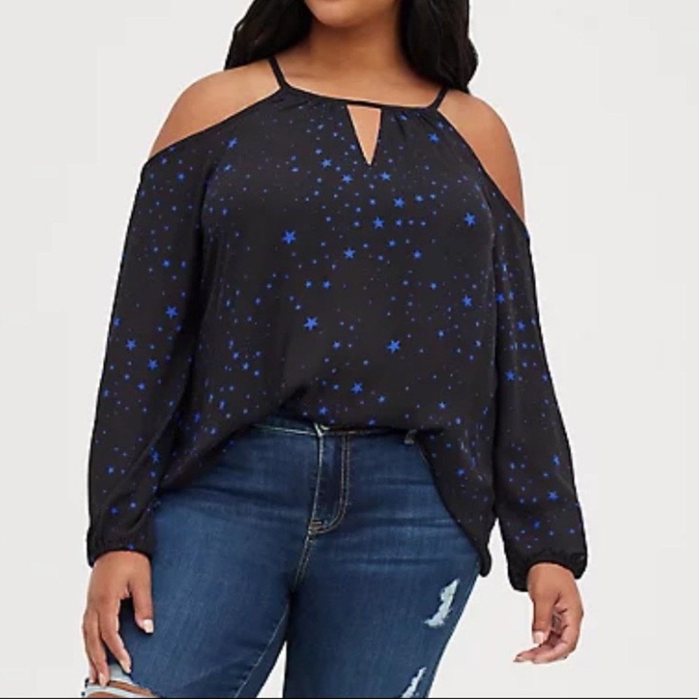 Torrid Black with blue stars cold shoulder blouse